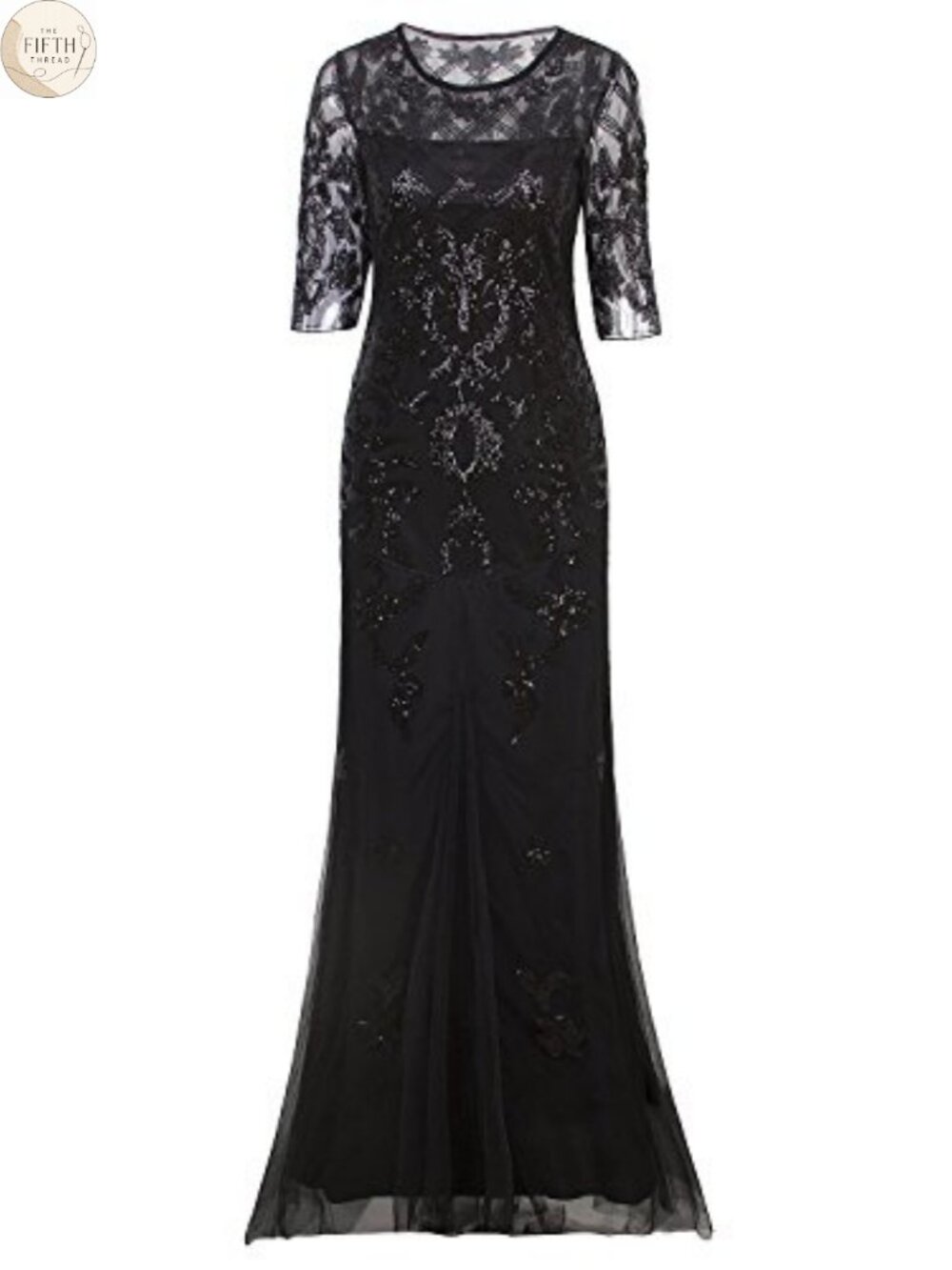 Vintage 1920s Long Sequin Party Evening Gown 2/3 Sleeve Prom Dress
